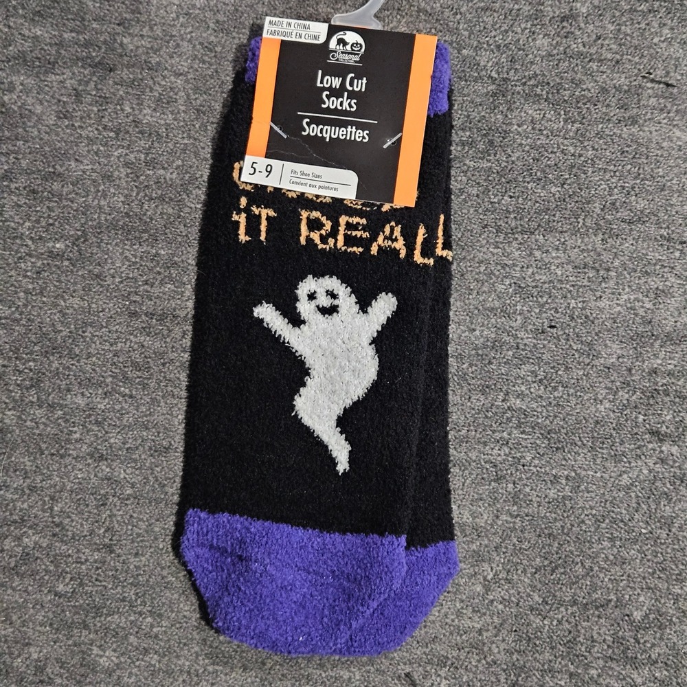 Seasonal Collection Halloween Ghost Fuzzy Low Cut Socks Black Purple Size 5-9